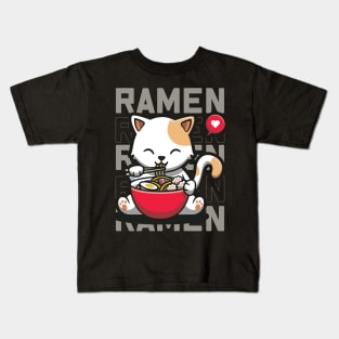 Cat Eating Ramen Cute Noodles, Kawaii Kittie Eating Japanese Noodle Kids T-Shirt